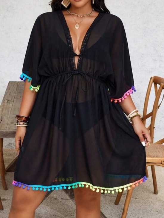 SHEIN Other - Black Sheer Swim Cover-Up Dress with Rainbow Pom Trim
